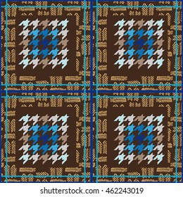 Seamless checkered woolen pattern. Classical English hounds tooth print. Retro textile design collection. Blue, beige.
