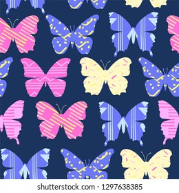 Seamless cheerful bright pattern with Colorful cute cartoon butterflies background.
