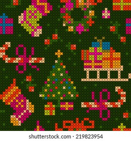 seamless - cheerful christmas cross stitch illustration with sledge, socks, gifts, christmas tree, sweets, wreath