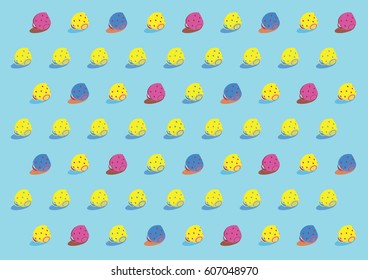 Seamless cheerful colorful pattern made of yellow blue and pink cups with dots on it.