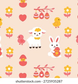 Padrão pastel contínuo e alegre com ícones bonitos de Páscoa de desenhos animados: coelho, cordeiro, pintinhos eclodindo, flores, corações e ovos pendurados em um galho. Padrão contínuo
