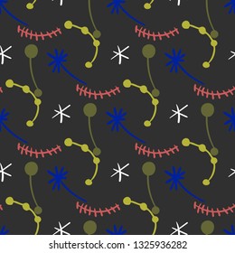 Seamless cheerful pattern of multi-colored elements on a dark background. Eps10
