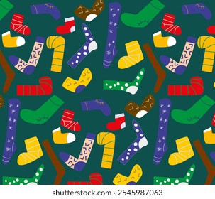patrón alegre sin fisuras en los calcetines coloridos del año Nuevo con diversos tamaños y modelos, Ilustración vectorial, envoltura del regalo