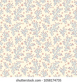 Seamless cheerful vintage flower pattern on light yellowish neutral background.