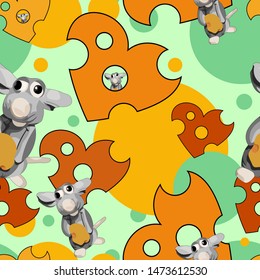 Seamless cheese Pattern. Cheese hearts with mouse. Vector illustration.