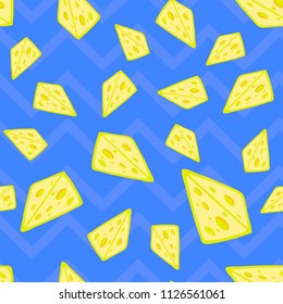 Seamless cheese pattern with holes on blue background. 