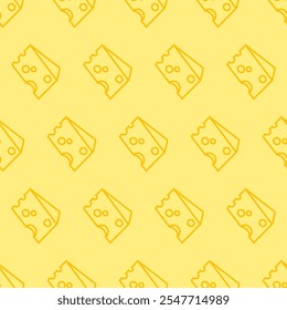 Seamless cheese pattern with outline pieces of cheese on yellow background