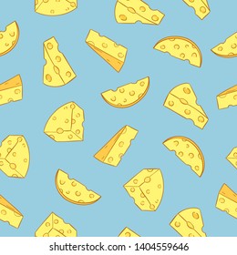 Seamless cheese pattern. Vector background with pieces of cheese.