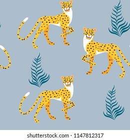 seamless Cheetah pattern and palm leaves, vector