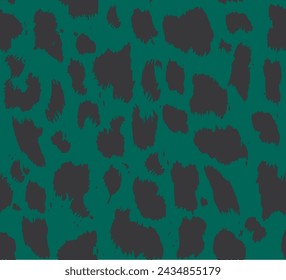 
Patrón de impresión de guepardo sin costuras. Impresión vectorial repetida con puntos negros sobre un fondo verde. Ropa textil patrón.
