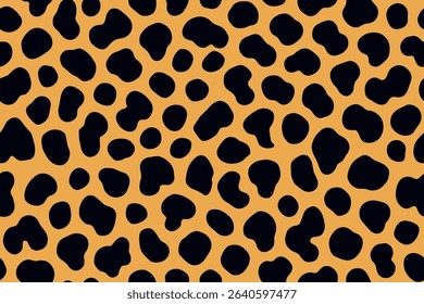 Seamless cheetah skin pattern featuring dense black spots on vivid orange color background.