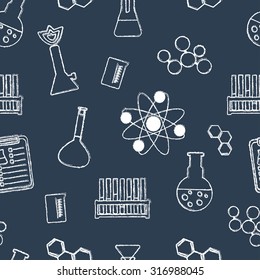 Seamless chemical pattern. Chemical glassware and reagents. Painted with chalk. Flat design. Vector illustration
