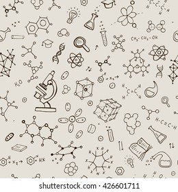 Seamless Chemistry Background. Vector Hand Drawn Pattern