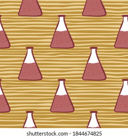 Patrón de química sin foco con siluetas de bombillas de vidrio marrón. Impresión simple del matraz en el fondo del ocher a rayas. Fondo decorativo para papel pintado, textil, envoltura, impresión de tela. Ilustración vectorial.