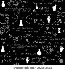 Garabatos de química sin foco en la pizarra escolar. Patrón de fórmulas de pizarra. El concepto de educación y de vuelta a la escuela. Escritura manual, interminables estructuras de patrones se unen. Vector.