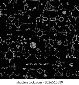 Seamless chemistry scribbles at school chalk board. Blackboard formulas pattern. The concept of education and back to school. Hand writing, endless pattern molecules structures bonds together. Vector.