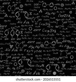 Seamless chemistry scribbles at school chalk board. Blackboard formulas pattern. The concept of education and back to school. Hand writing, endless pattern molecules structures bonds together. Vector.