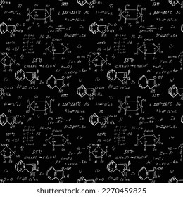 Garabatos de química sin foco en la pizarra escolar. Patrón de fórmulas de pizarra. El concepto de educación y de vuelta a la escuela. Escritura manual, interminables estructuras de patrones se unen. Vector.