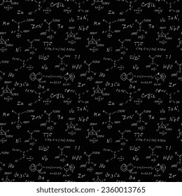 Garabatos de química sin foco en la pizarra escolar. Patrón de fórmulas de pizarra. El concepto de educación y de vuelta a la escuela. Escritura manual, interminables estructuras de patrones se unen. Vector.