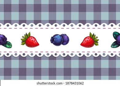 fondo a cuadros impecables con bayas sobre encaje blanco doily, impresión textil de estilo rústico. fresa, arándano azul interminable plantilla de patrón de plaid con marco de vieira. excelente para el diseño de paquetes de productos.