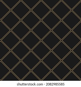 Fondo a cuadros impecable. Patrón diagonal de rhombus dorado sobre negro. Textura geométrica sin costura. Ciruela de mosaico. Ilustración vectorial controlada. 