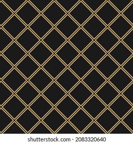 Seamless chequered background. Diagonal golden rhombus pattern on black. Geometric seamless  texture. Mosaic plaid. Checkered vector illustration. 