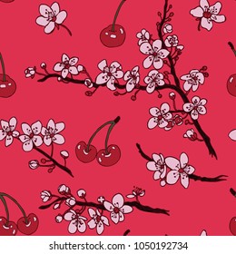 Seamless cherry blossom and berry pattern in vector