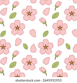 Um padrão floral de flor de cerejeira sem costura com flores, botões e pétalas de sakura rosa. Perfeito para design têxtil, papel de parede e papel de embrulho.