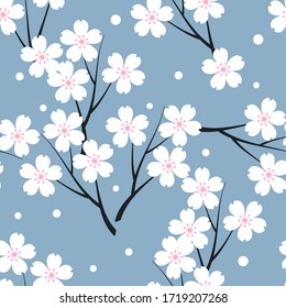 Seamless Of Cherry Blossom On Blue Background Vector Illustration. Sakura Japanese Flower. Cute Print Floral Pattern.