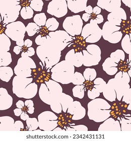 Seamless cherry blossom pattern on dark background.