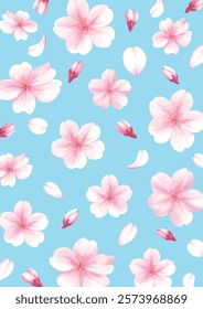 Seamless Cherry Blossom Pattern with Petals on Blue Sky Background (Vector)