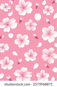 Seamless Cherry Blossom Pattern with Petals on Pink Background (Vector)