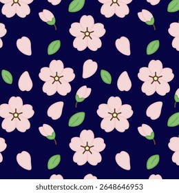 Padrão de flor de cereja sem costura com flores de sakura rosa e pétalas em fundo escuro. Ótimo para desenhos de primavera à noite, embrulho de presente, tecido e temas florais inspirados em japonês.