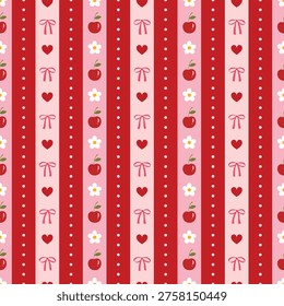 Seamless cherry and bow pattern on red stripes. Cute coquette vector background with hearts, flowers.