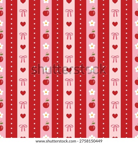 Seamless cherry and bow pattern on red stripes. Cute coquette vector background with hearts, flowers.