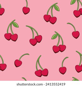 Seamless cherry cherries heart hearts all over print aop pattern vector background with stems for Valentine's Day holiday