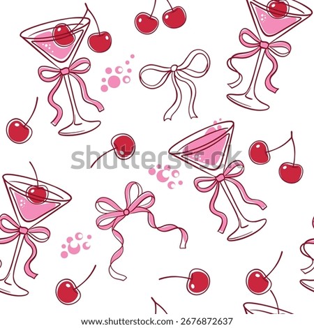 Seamless cherry cocktail pattern with red berries, pink bows, and drinks. Stylish fruity design for fabric, wrapping paper, textile, wallpaper, and summer party decor.