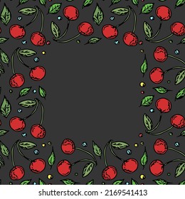 Seamless cherry frame with place for text. Doodle vector with red cherry icons. Vintage cherry pattern