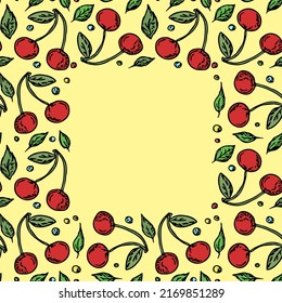 Seamless cherry frame with place for text. Doodle vector with red cherry icons. Vintage cherry pattern