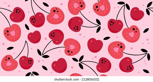 Seamless of cherry fruit with black leaves on pink background vector illustration