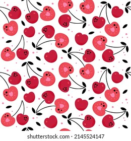 Seamless of cherry fruit with black leaves on pink background vector illustration