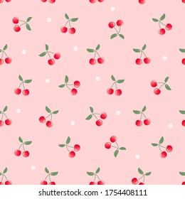 Seamless of cherry fruit with green leaves and dots on pink background vector illustration. Cute cartoon fruit pattern.