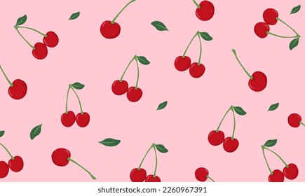 Nahtlos Kirschfrucht mit grünen Blättern auf rosafarbenem Hintergrund, Vektorgrafik. Cute Cartoon Obstmuster, flaches Design für Modedruck.