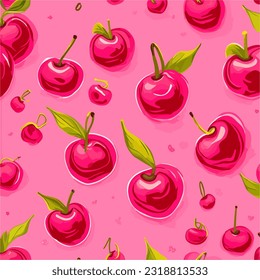 Seamless of cherry fruit with green leaves on pink background vector illustration. Cute cartoon fruit pattern, flat design for fashion print.