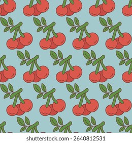 Seamless Cherry Fruit Pattern - Retro Flat Vector Design on Blue Background. Retro-inspired fruit design is perfect for summer-themed projects, kitchen decor, food packaging, fabric prints, wallpaper