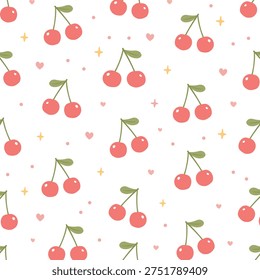 Seamless Cherry Fruit Pattern with Tiny Hearts and Stars, Cute Hand-Drawn Kawaii Background for Kids Textile, Playful Wallpaper, and Sweet Food Packaging Design