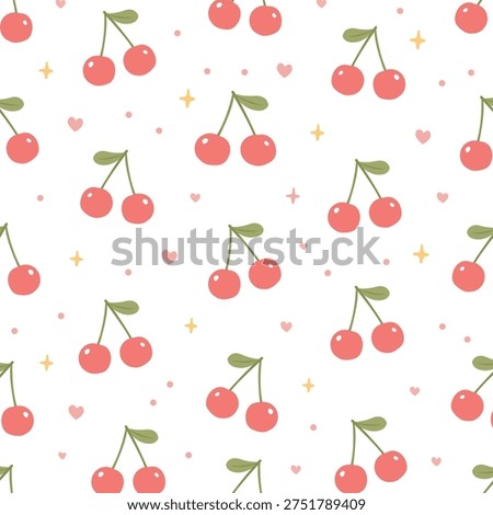Seamless Cherry Fruit Pattern with Tiny Hearts and Stars, Cute Hand-Drawn Kawaii Background for Kids Textile, Playful Wallpaper, and Sweet Food Packaging Design