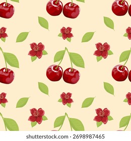 Seamless Cherry Fruit Pattern Vector on White Background, Perfect for summer designs, fabric prints, packaging, wallpapers, wrapping paper.