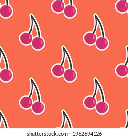 Seamless cherry fruit vector pattern. Repeat cherries background with healthy food and organic elements. Trendy orange summer fashion print design. Modern balanced diet illustration.