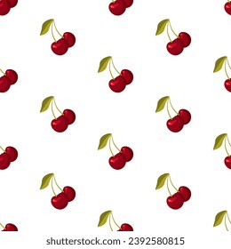 Seamless cherry pattern. Autumn cherry harvest. Summer berries on a white background. The print is suitable for summer designs, wrapping paper, fabric, clothing, vegan composition